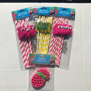 Pink Flamingo & Pineapple Paper Party Straws Pineapple Coas…